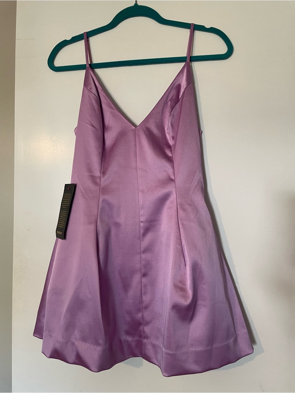 💜 NEW WITH TAGS — Bebe Satin A-Line Mini Dress, Size 4 💜
